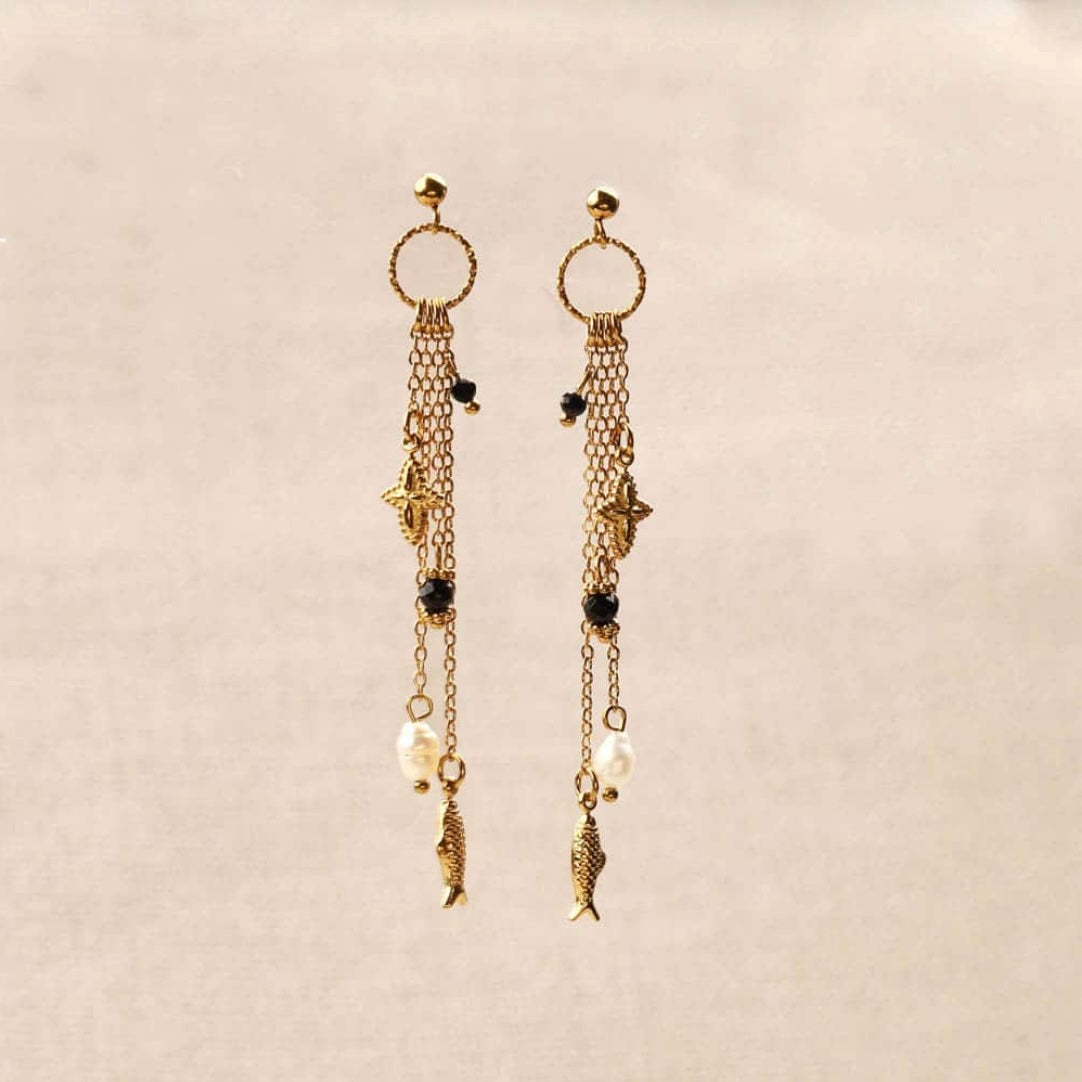 Boucles d'oreilles - Chaînes pendantes pierre & poisson