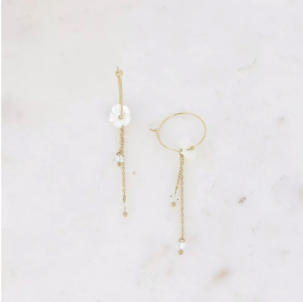 Boucles d'oreilles - Créoles fleur nacrée avec cristaux