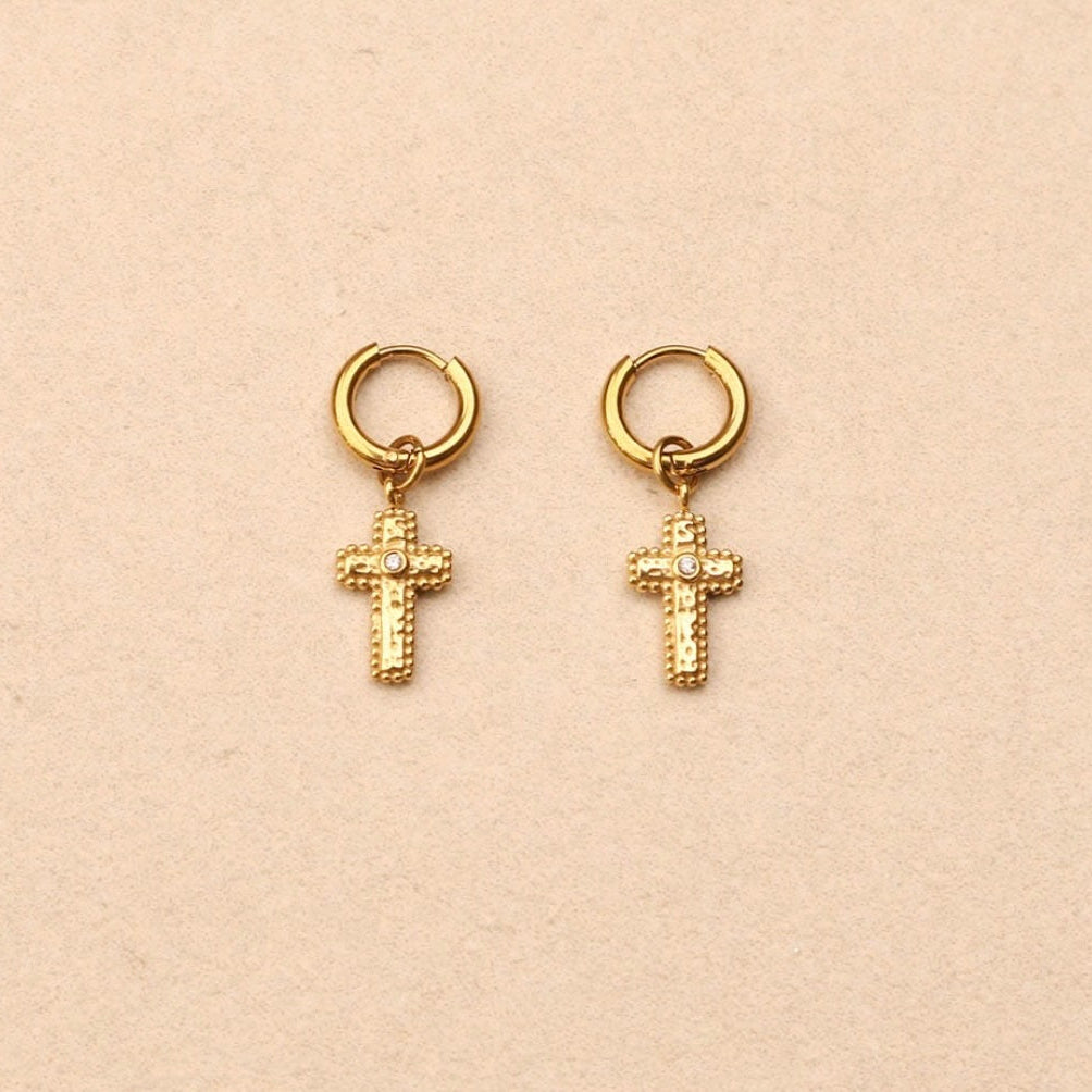 Boucles d'oreilles - Croix dorée et strass