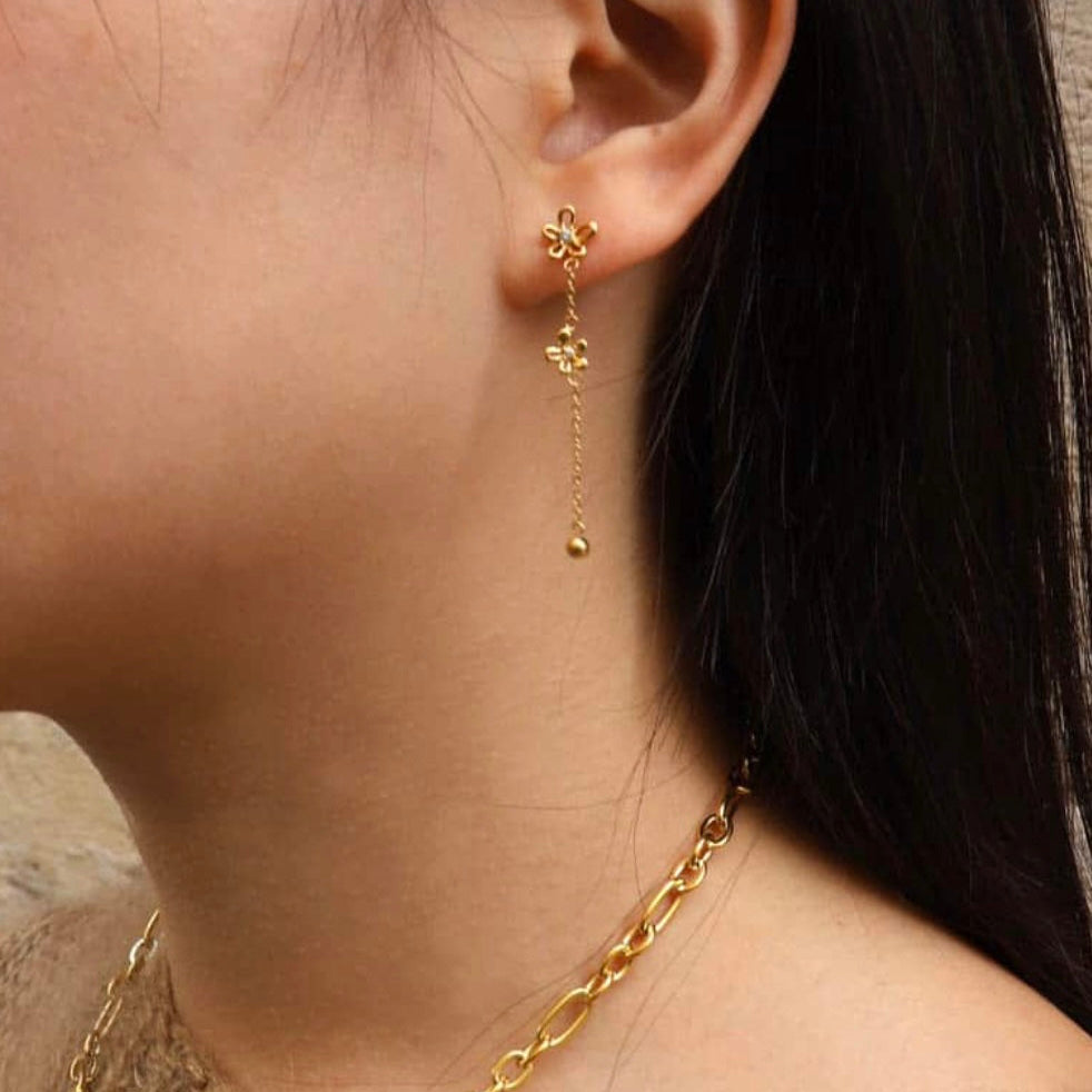 Boucles d'oreilles pendantes 2 fleurs ajourées