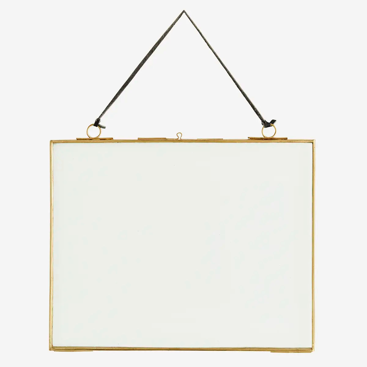 Cadre photo en verre et métal avec attache cuir – finition laiton antique