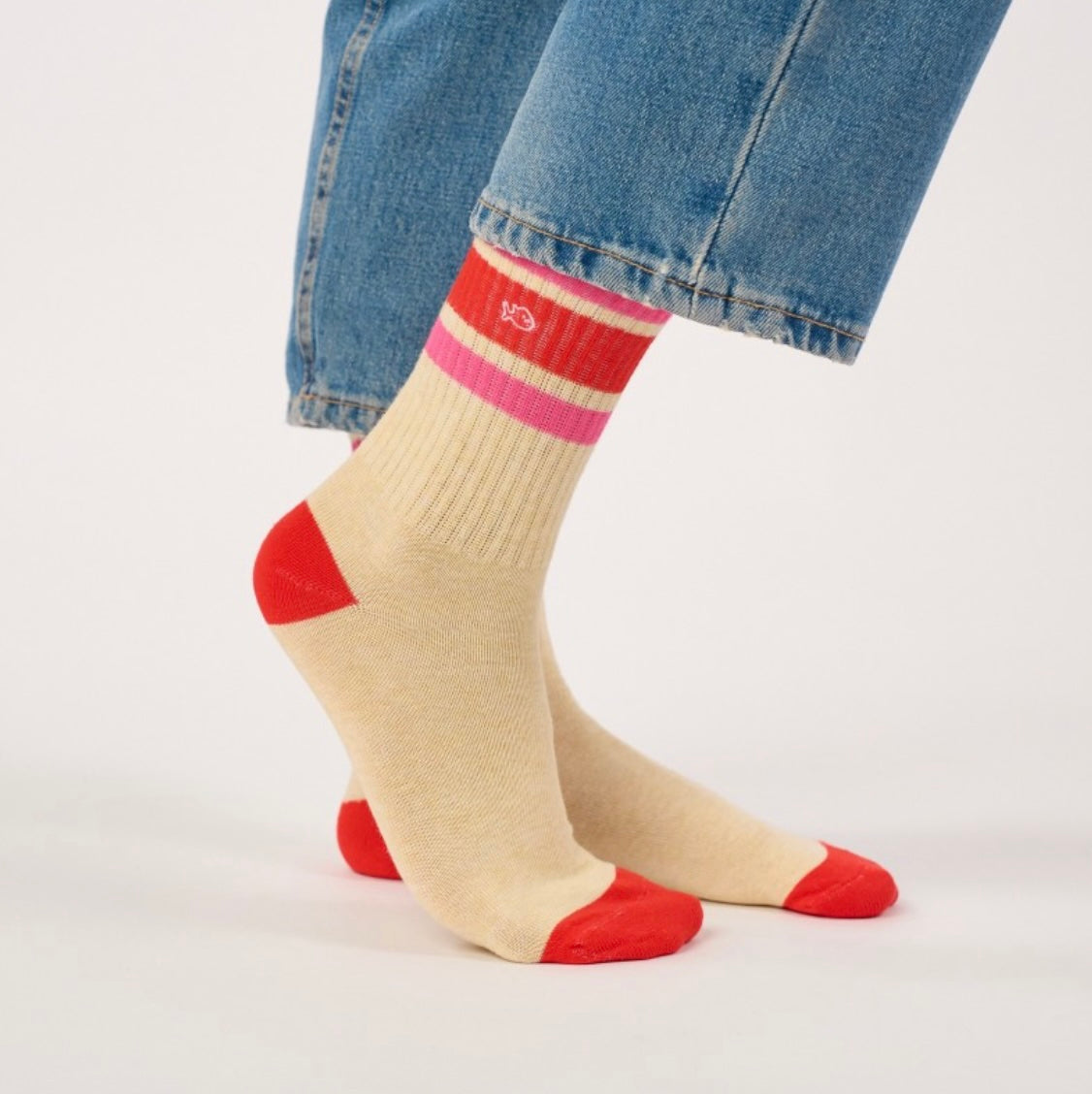 Chaussettes Tennis Blanc rayé rose et rouge