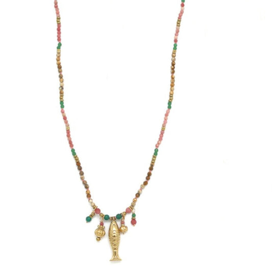 Collier pierres vertes et roses - petit poisson doré