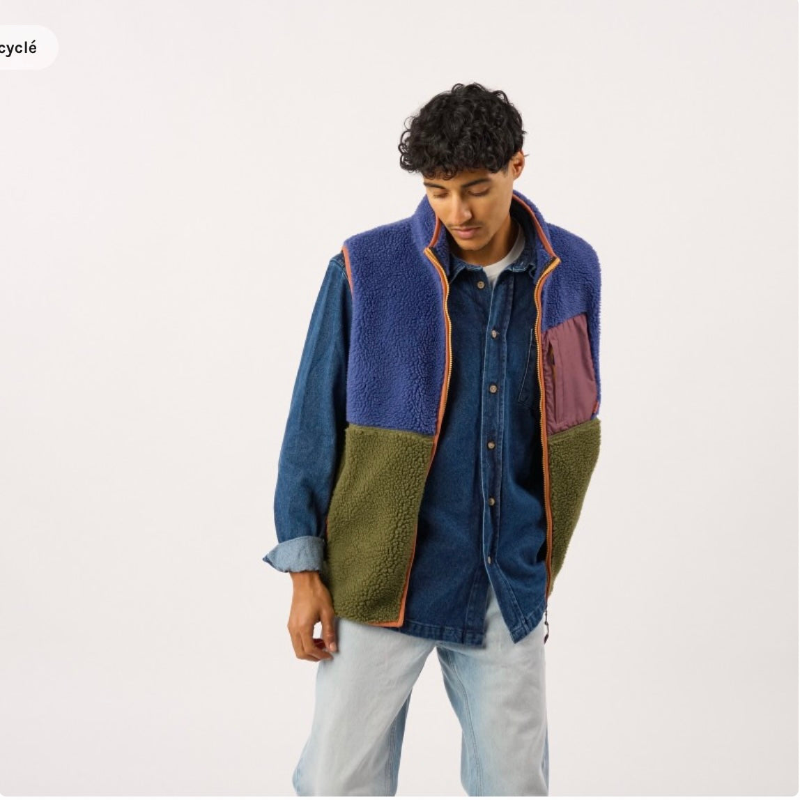 Veste sherpa mixte zippée sans manches - Bleu & kaki