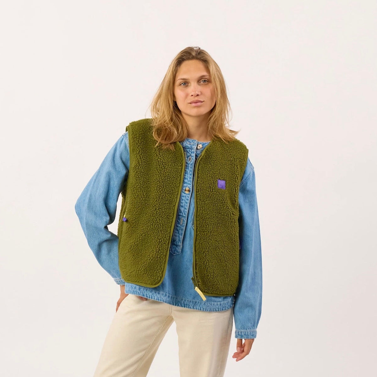 Veste sherpa femme zippée sans manches - Vert olive