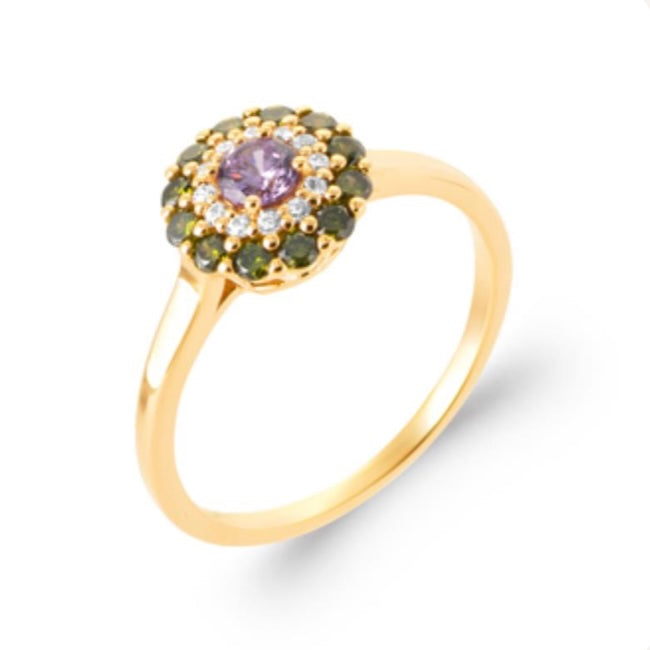 Bague ronde pierres vertes et mauve