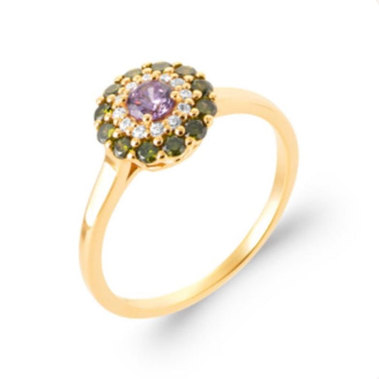 Bague ronde pierres vertes et mauve