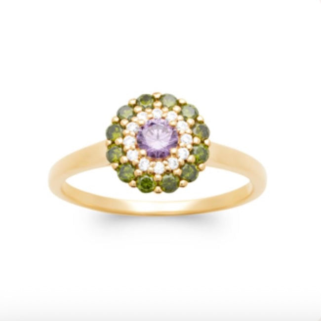 Bague ronde pierres vertes et mauve