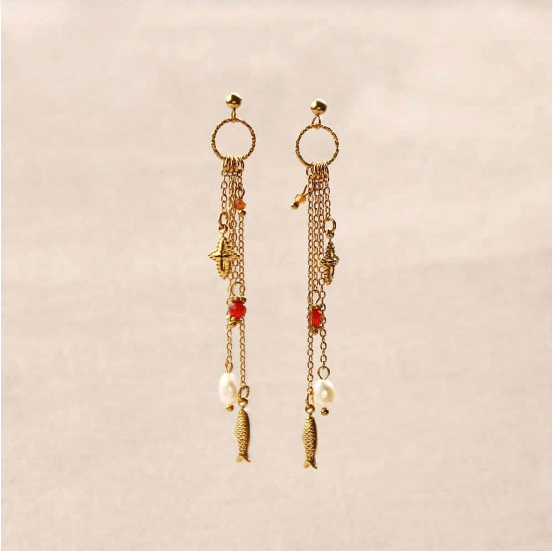 Boucles d'oreilles - Chaînes pendantes pierre & poisson