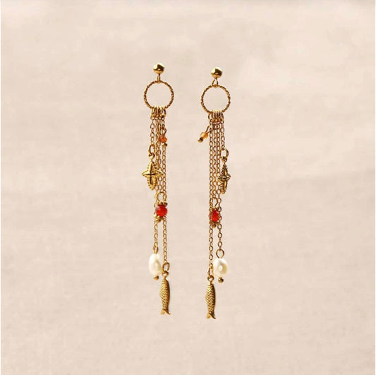 Boucles d'oreilles - Chaînes pendantes pierre & poisson