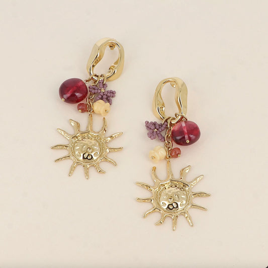 Boucles pendantes - ovale, perle ronde plate, noeud papillon perlé, soleil