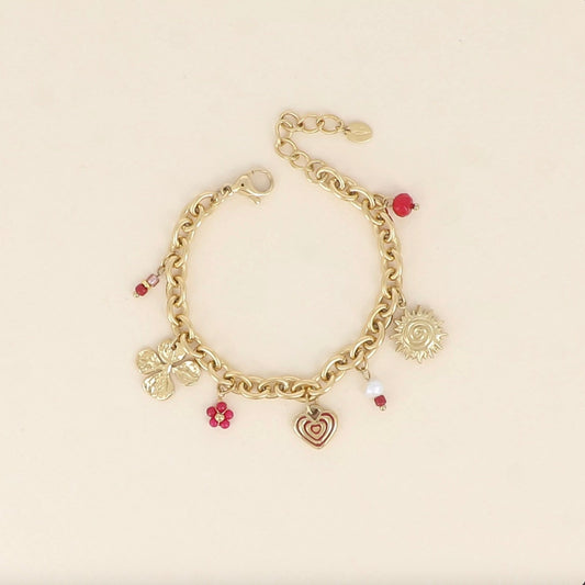 Bracelet - pampilles coeur, pierres naturelles rouge, trèfle