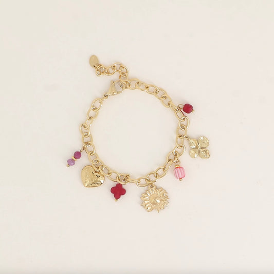Bracelet - pampilles résine, fleurs, coeur, pierres naturelles, trèfle