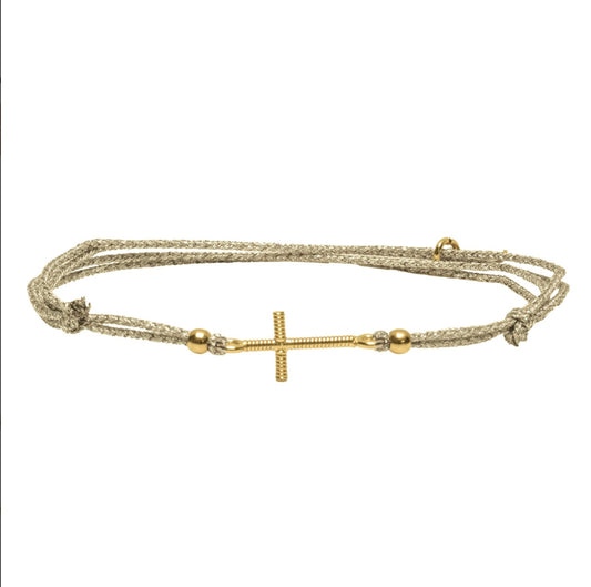 Bracelet croix plaqué doré corde guitare lien coton