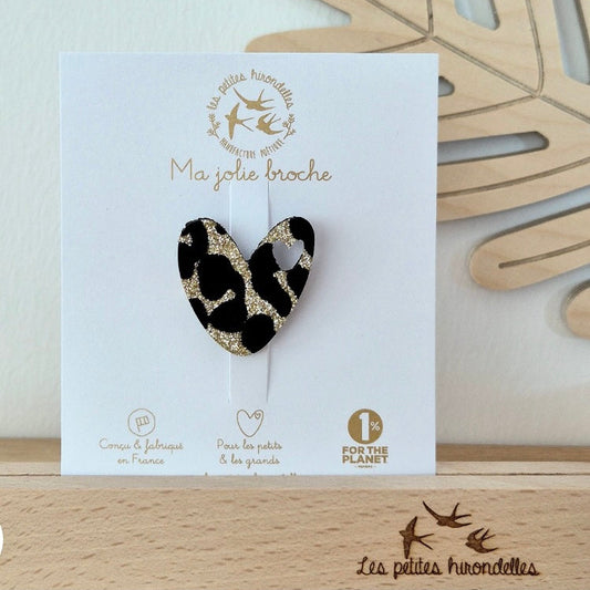 Broche pailletée coeur léopard doré
