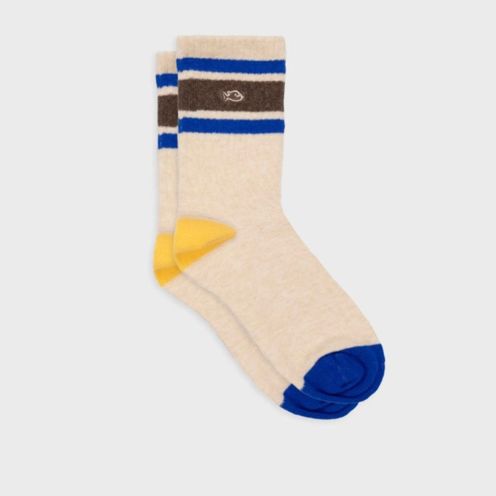 Chaussettes Tennis beige rayé bleu et marron