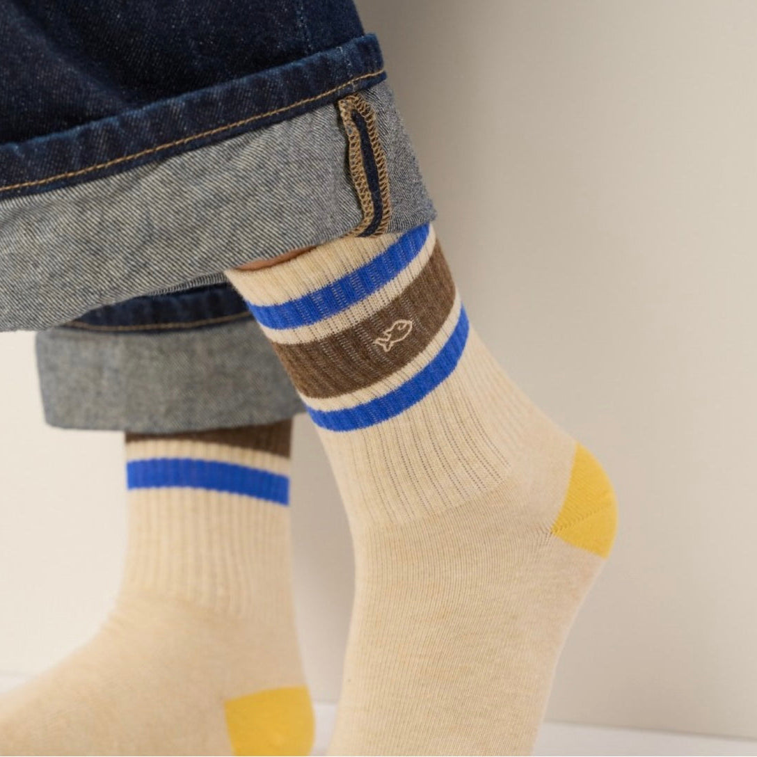 Chaussettes Tennis beige rayé bleu et marron