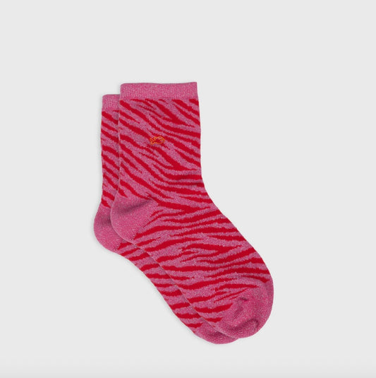 Chaussettes zèbre pailletées rose & rouge