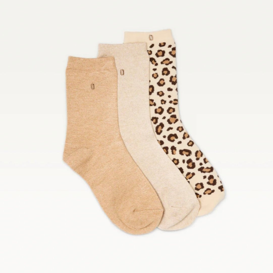 Coffret 3 paires de chaussettes Femme - Paillettes léopard beige