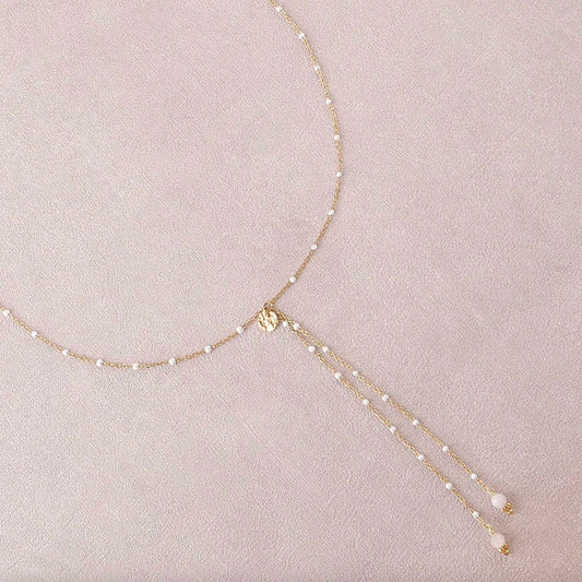 Collier Y - chaîne émaillée, pierres naturelles, pastille ronde texturée