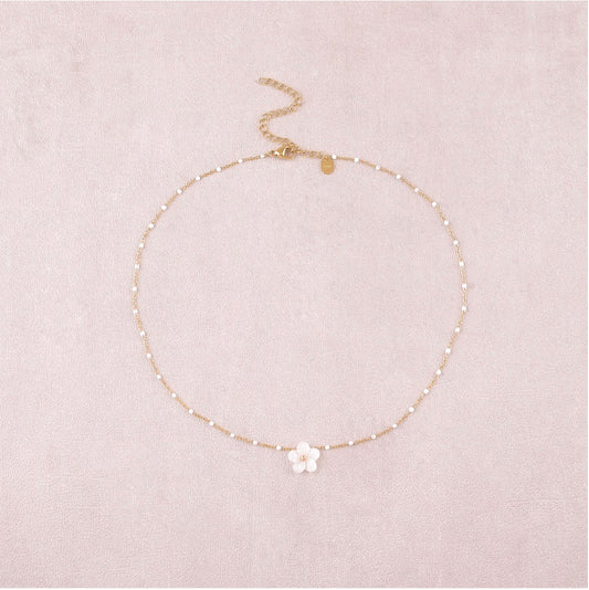 Collier chaîne émaillée fleur nacre