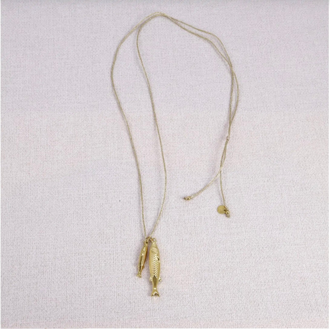 Collier lien doré 2 pendentifs poissons