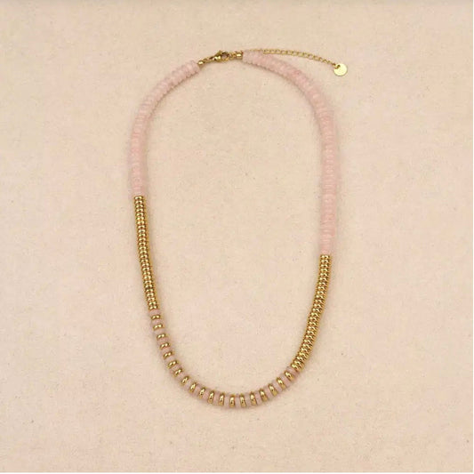 Collier perles quartz rose pale et doré