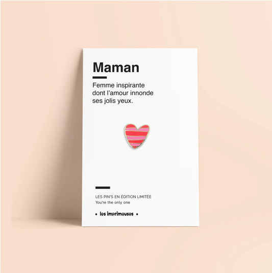 Pin’s Maman - Cœur rayé rouge & rose