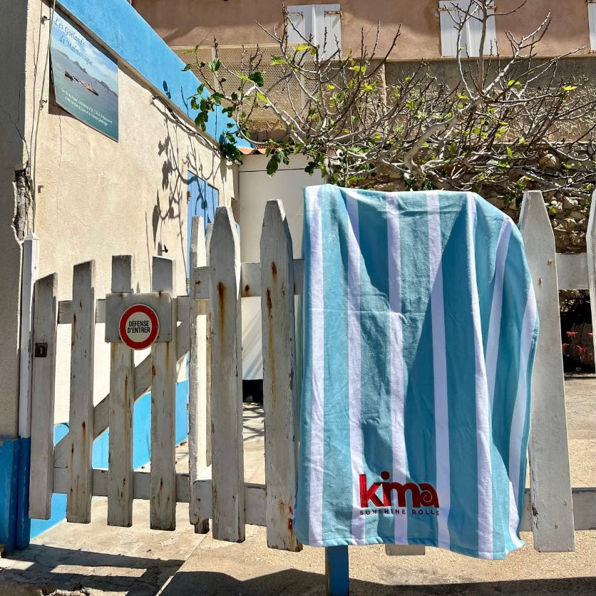Serviette de plage XXL coton & microfibres - rayures bleu
