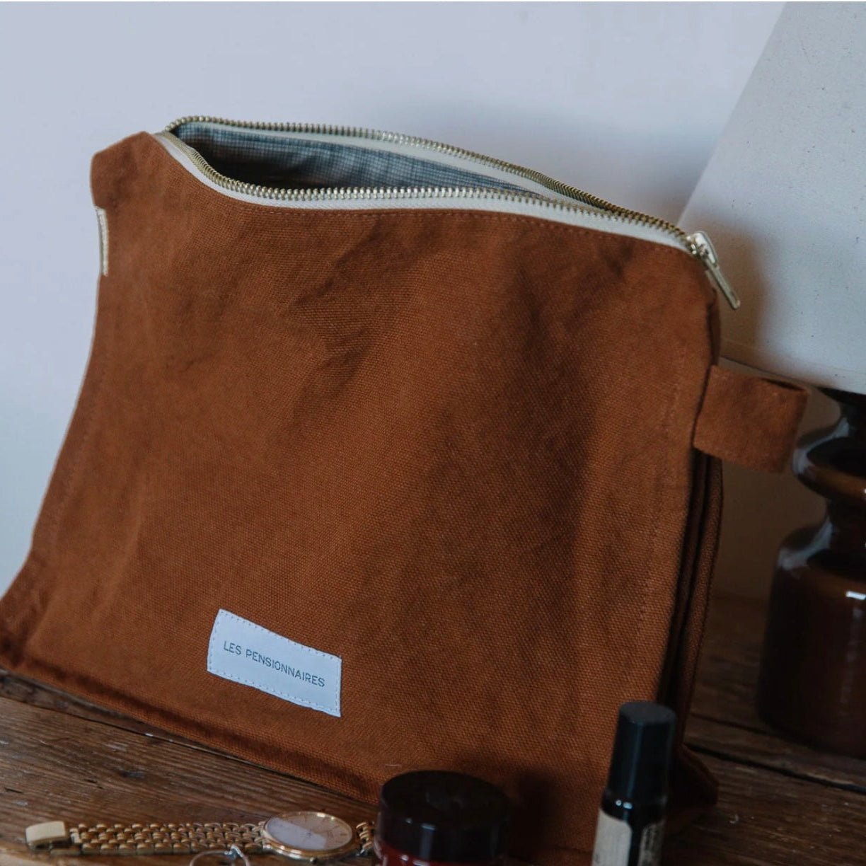 Trousse de toilette en toile de coton bio - Marron caramel