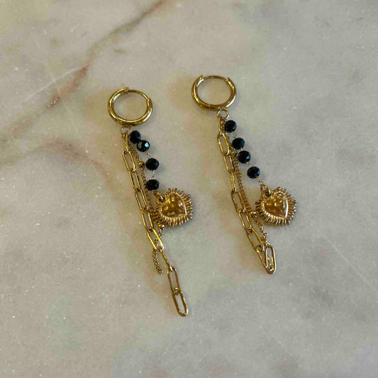 Boucles d'oreilles chaînes pierres noires