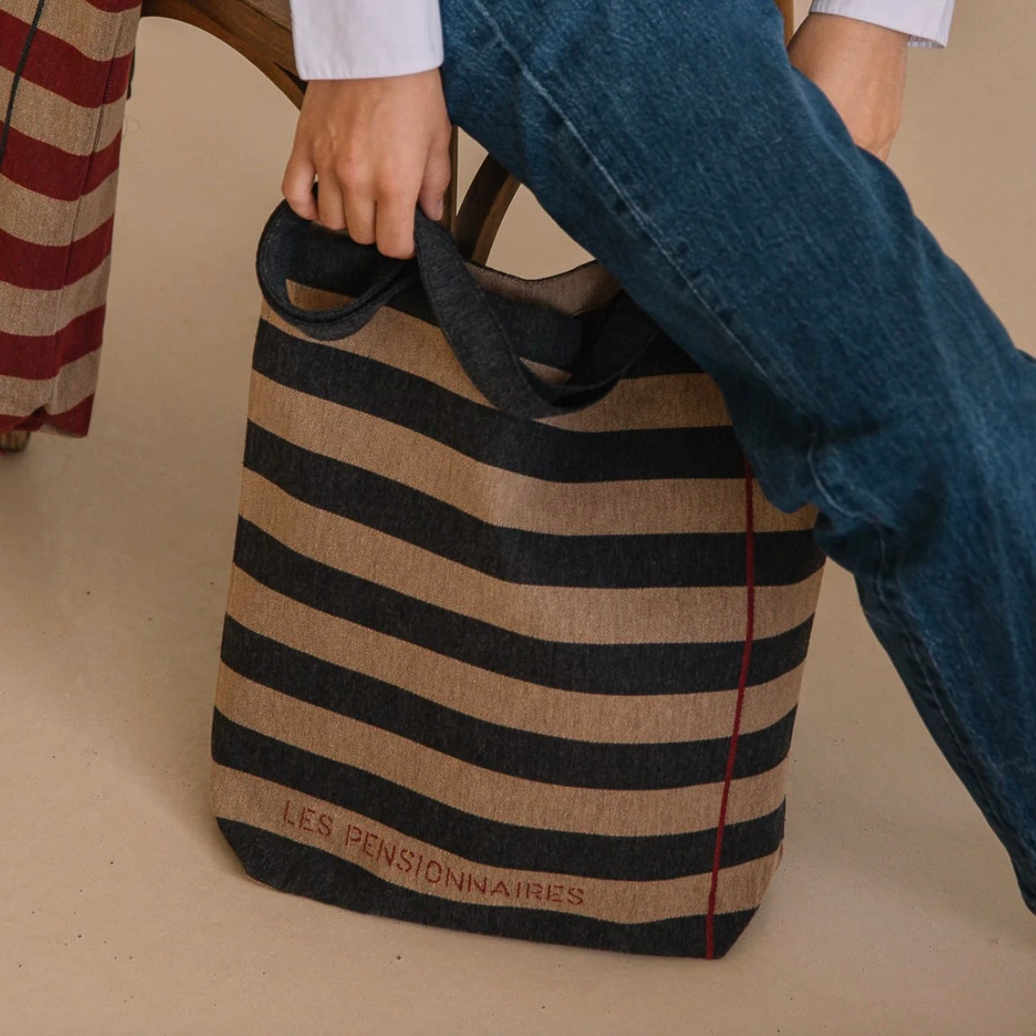 Tote bag rayures beige et gris